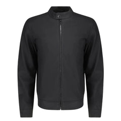 Tory Matte Black Cafe Racer Jacket front view matte black leather cafe racer jacket with minimalist design