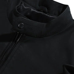 Tory Matte Black Cafe Racer Jacket front panel leather detail minimalist design