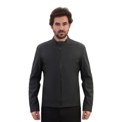 Model wearing Tory Matte Black Cafe Racer Jacket sleek matte black leather jacket