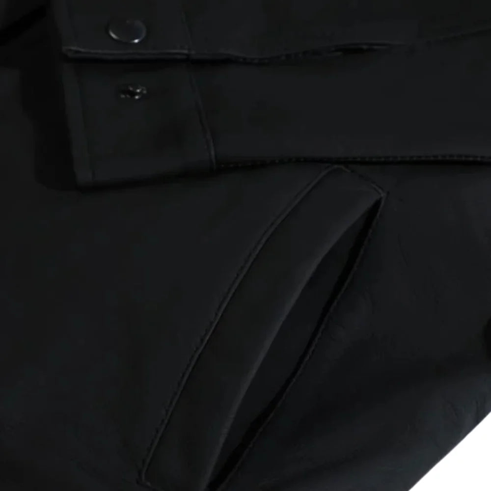 Tory Matte Black Cafe Racer Jacket front pocket zipper detail