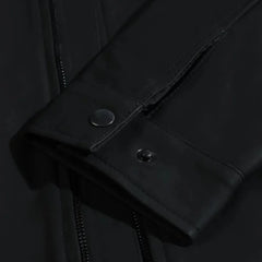 Tory Matte Black Cafe Racer Jacket close up sleeve leather texture