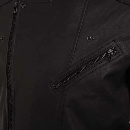 Close-up of the premium matte leather grain and intricate ribbed patterns on the Turner's Matte Ribbed Leather Biker Jacket.