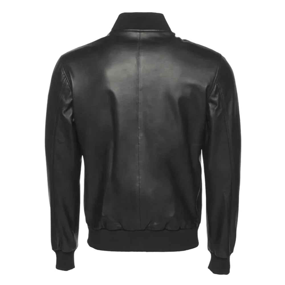 Victor Black Varsity Leather Jacket back view black leather varsity jacket