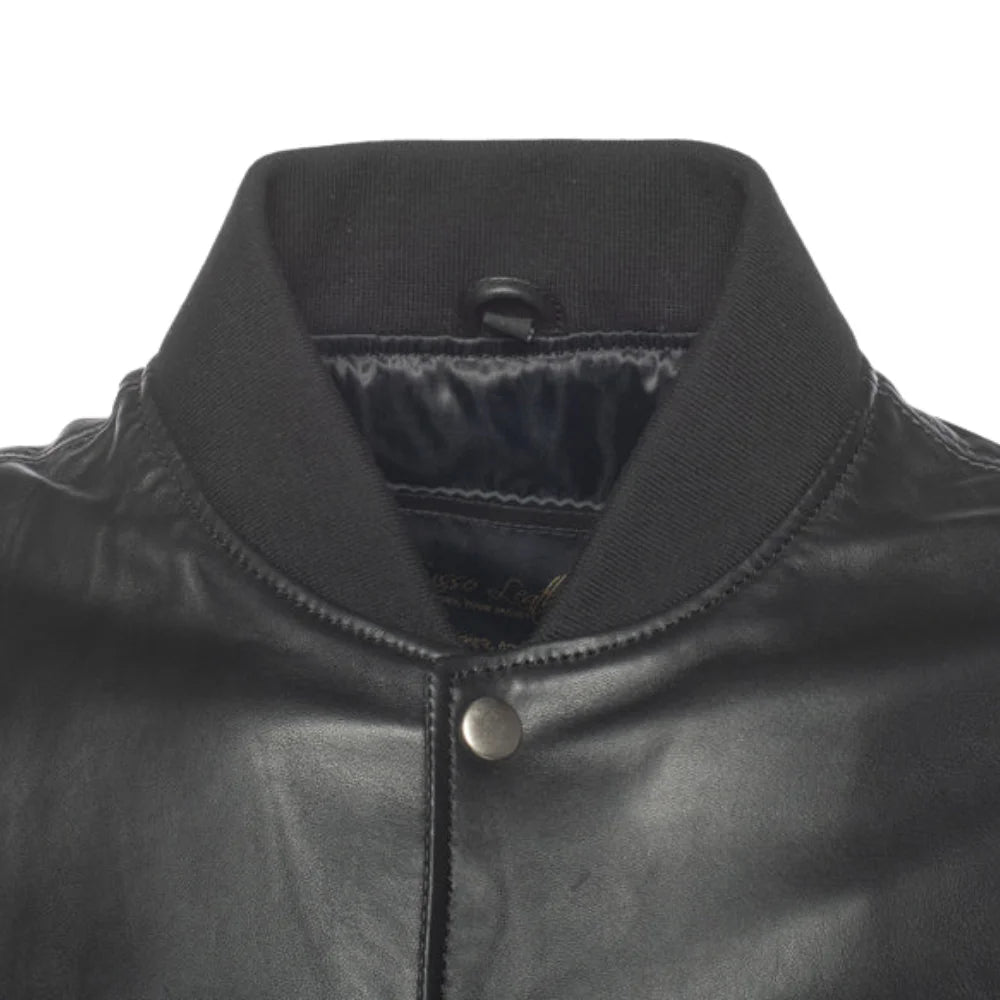 Victor Black Varsity Leather Jacket ribbed collar detail varsity jacket