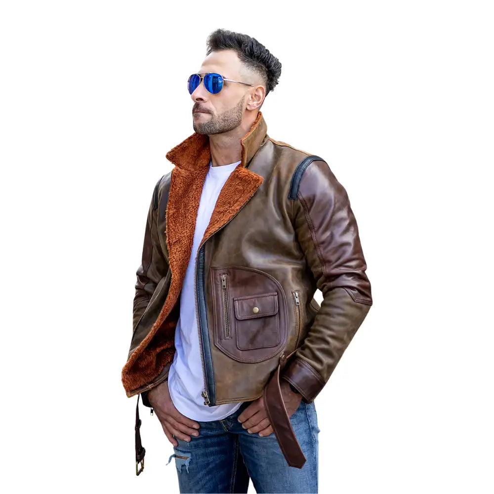 Front model shot of Vintage Brown Sherpa D-Pocket Leather Biker Jacket with rugged biker look