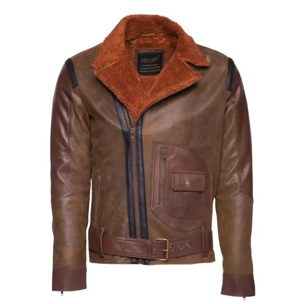 Front view of Vintage Brown Sherpa D-Pocket Leather Biker Jacket with classic asymmetrical zipper design