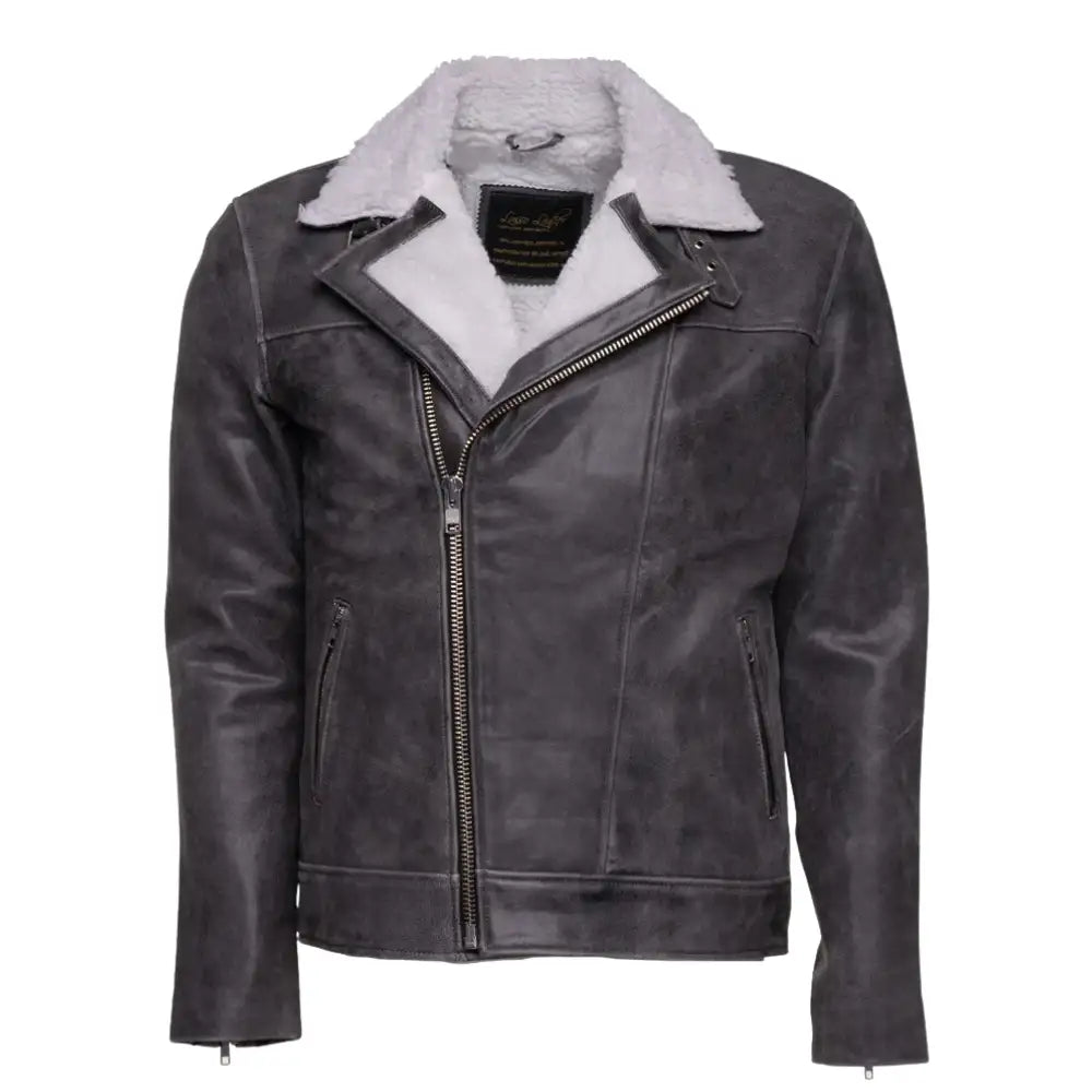 Front view of Vintage Grey Leather Biker Jacket with classic asymmetrical zipper