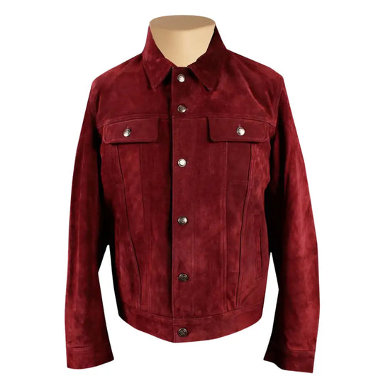 front view of weston's maroon suede jacket on a mannequin against a white background