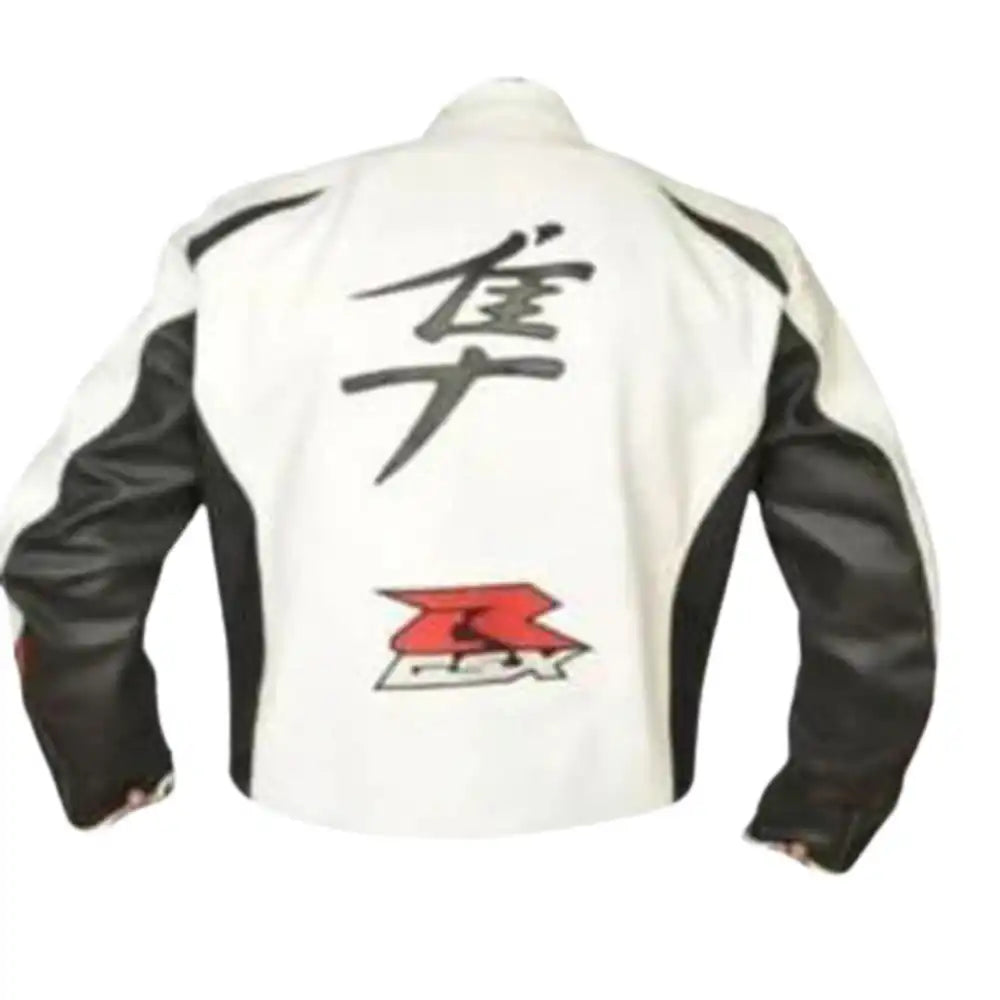 Rear view of the white Hayabusa leather jacket highlighting the large Hayabusa logo and a sleek aerodynamic speed hump designed for high-speed stability.