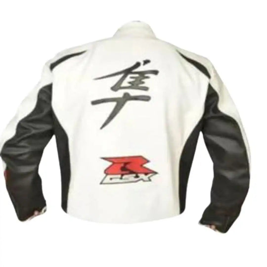 Rear view of the white Hayabusa leather jacket highlighting the large Hayabusa logo and a sleek aerodynamic speed hump designed for high-speed stability.