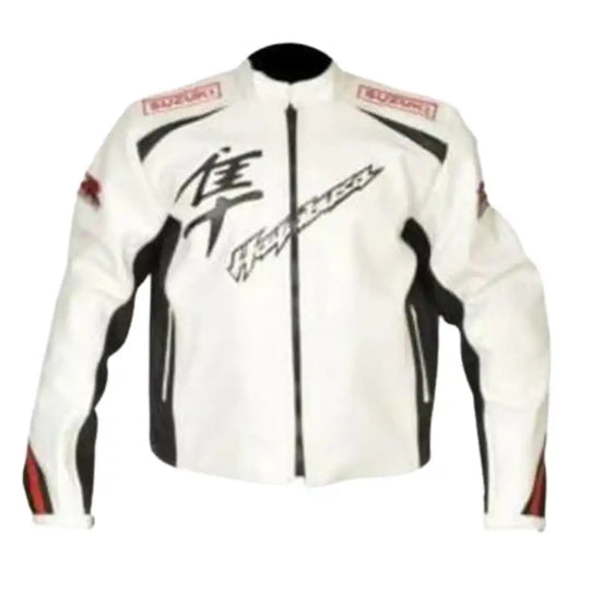 Front view of a white Hayabusa armored leather motorcycle jacket featuring the iconic Japanese kanji character and integrated carbon-fiber shoulder sliders.