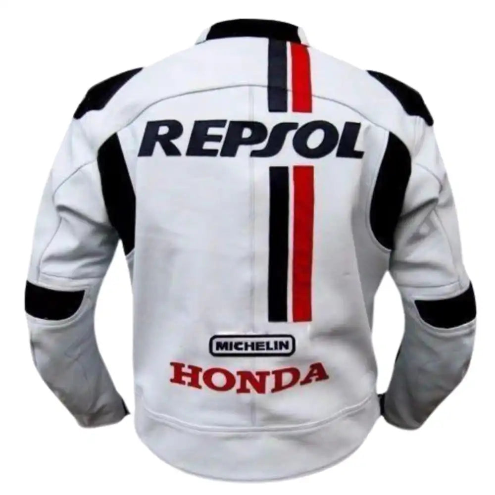 Rear view of the white Honda Repsol leather jacket highlighting the large Repsol branding across the back and the aerodynamic speed hump.