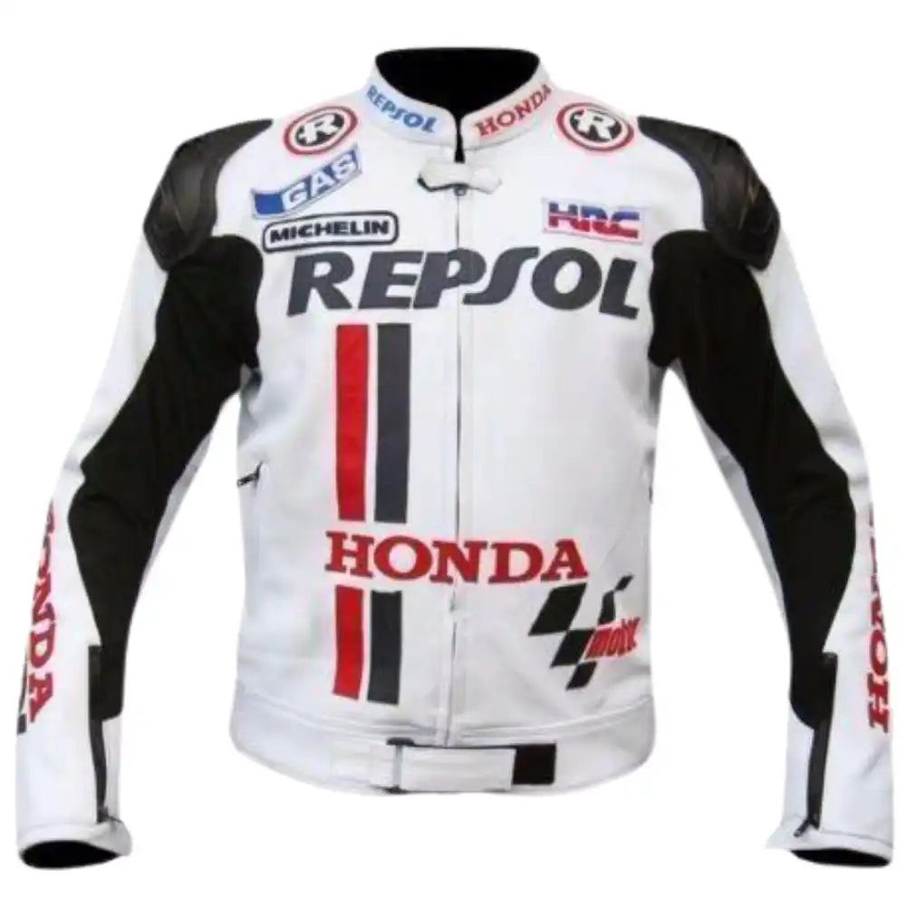 Front view of a white Honda Repsol armored leather motorcycle jacket featuring the iconic Repsol racing livery, HRC logos, and integrated shoulder sliders.