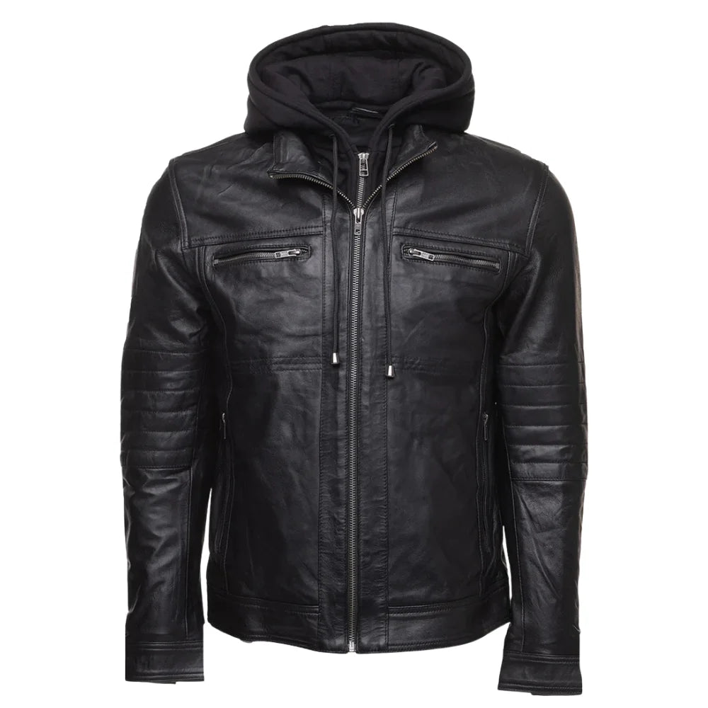 Wilder Black Leather Jacket With Removable Hoodie front view black leather jacket with attached hoodie