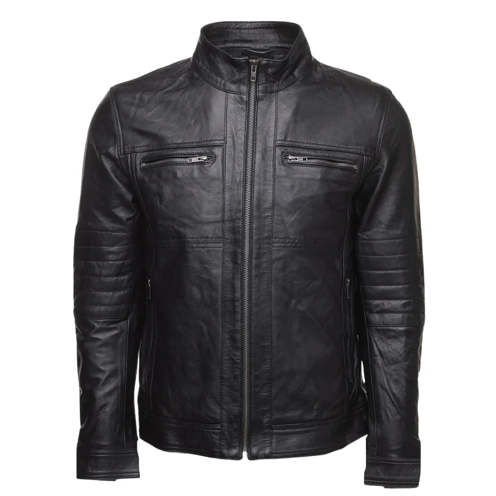 Wilder Black Leather Jacket With Removable Hoodie front angle black leather jacket with removable hood