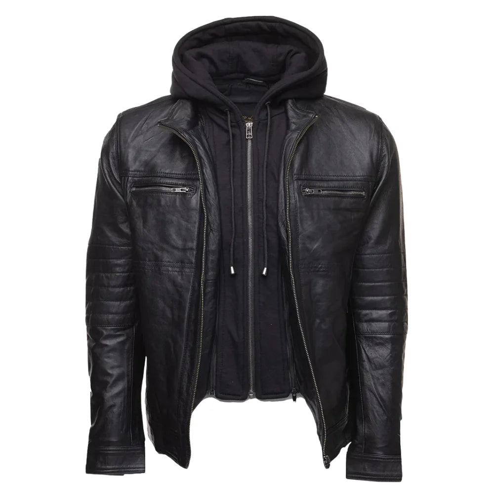 Wilder Black Leather Jacket With Removable Hoodie men's black leather jacket with hoodie front profile