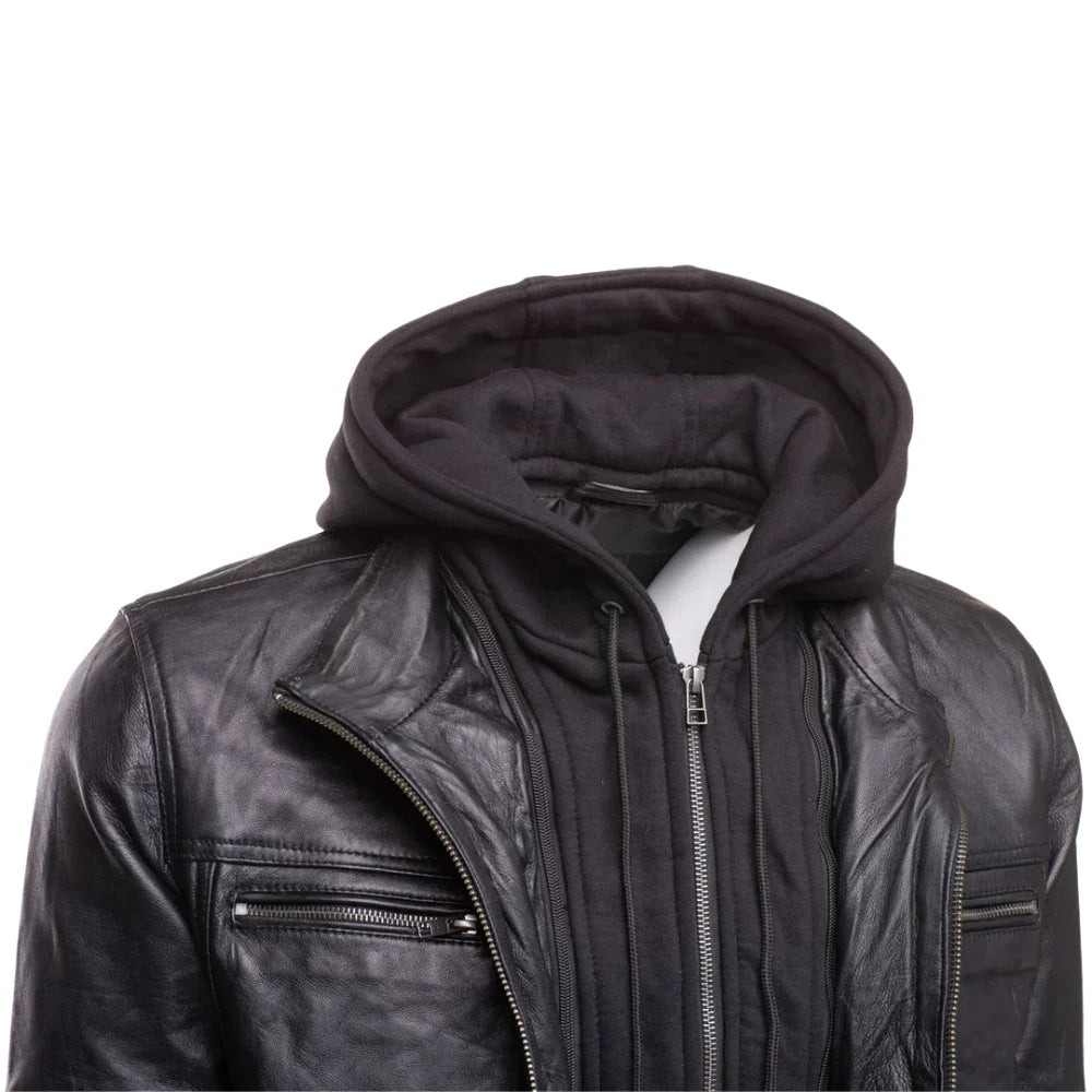 Wilder Black Leather Jacket With Removable Hoodie close up leather texture on black jacket