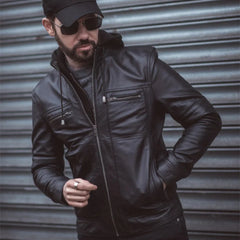 Model wearing Wilder Black Leather Jacket With Removable Hoodie front view
