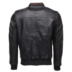 William Black Bomber Leather Jacket with Red Piping back view black leather bomber jacket with red piping