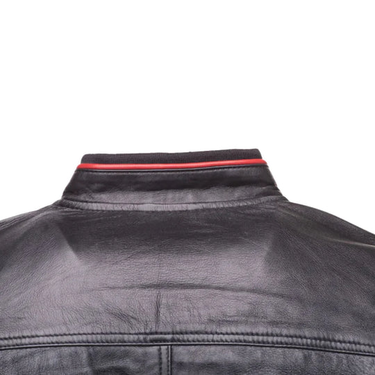 William Black Bomber Leather Jacket with Red Piping rear view leather bomber jacket with contrast piping
