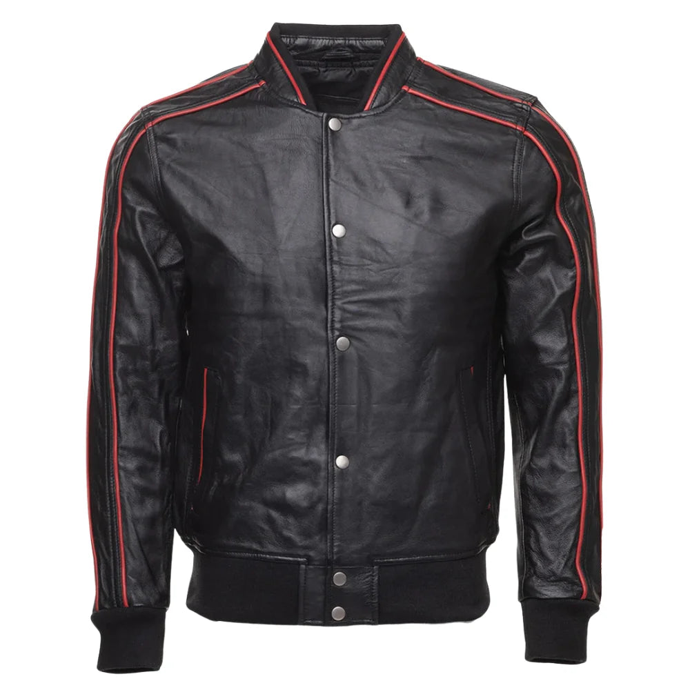 William Black Bomber Leather Jacket with Red Piping front view black leather bomber jacket with red piping detail