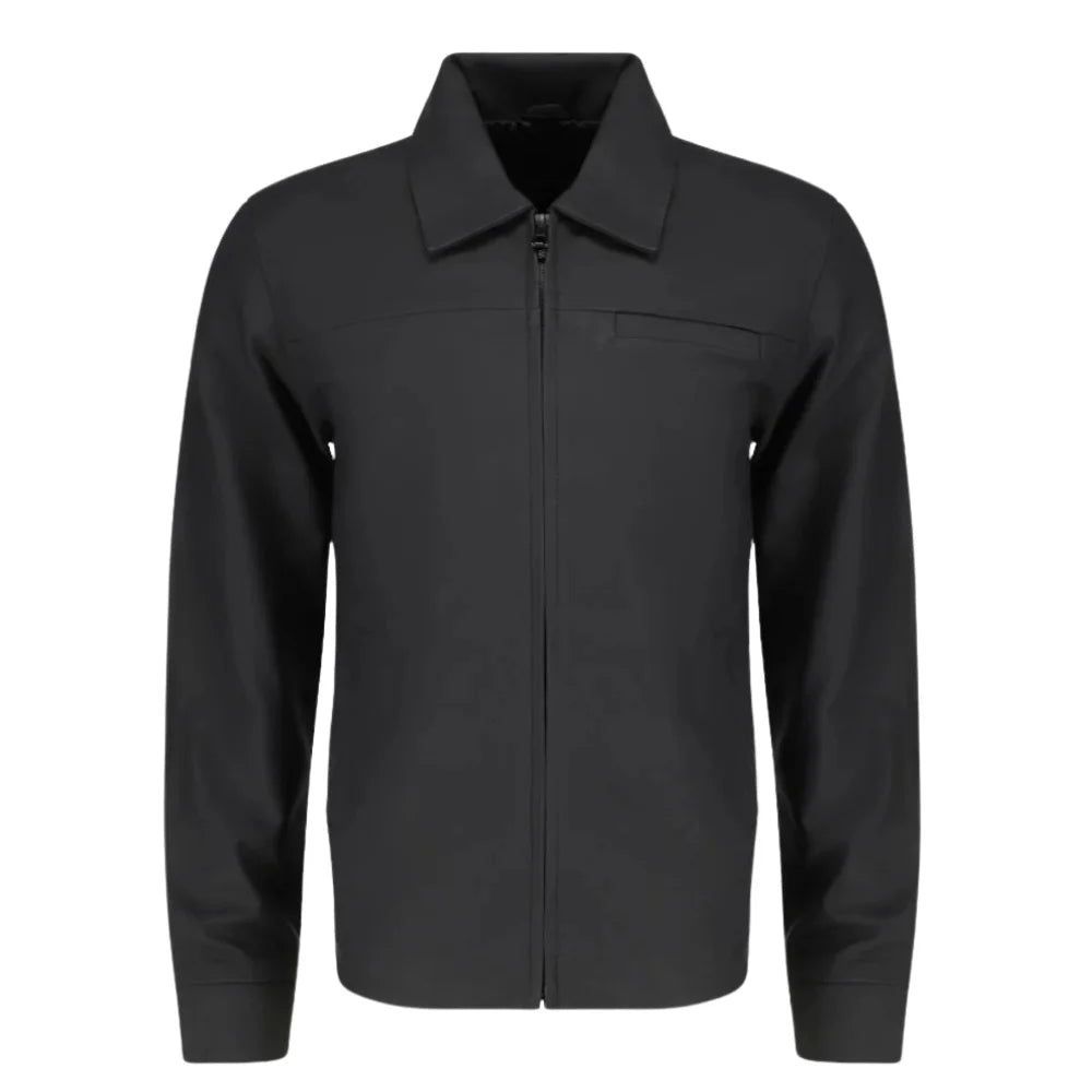Zane Matte Black Collared Leather Jacket front view matte black leather jacket with classic collar