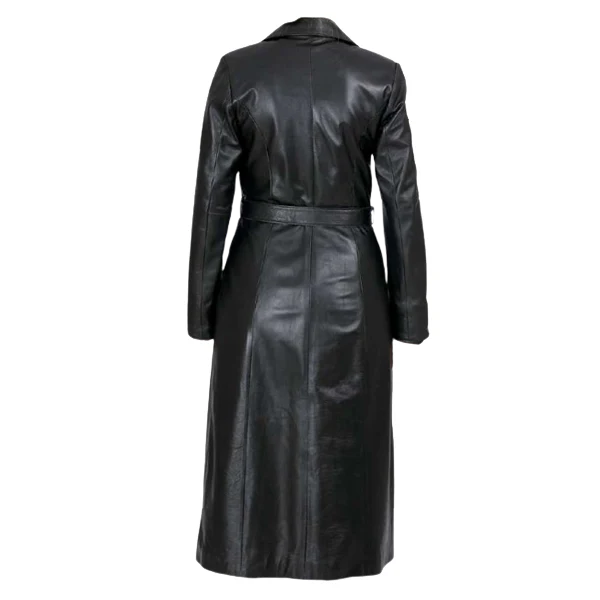 Back view of the Zoe black long leather coat highlighting the tailored silhouette and adjustable waist belt.