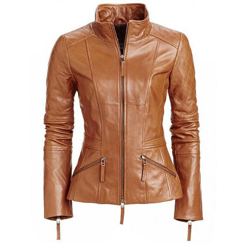 Women's stylish English Tan leather jacket with quilted patches – Lusso ...