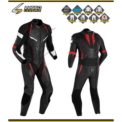 Britton's black motorcycle leather suit with red stripes – Lusso Leather