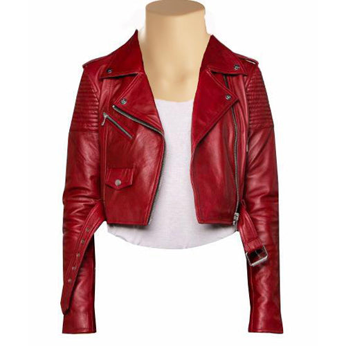 Martyna’s Red Crop Biker Leather Jacket With Waist Belt – Lusso Leather
