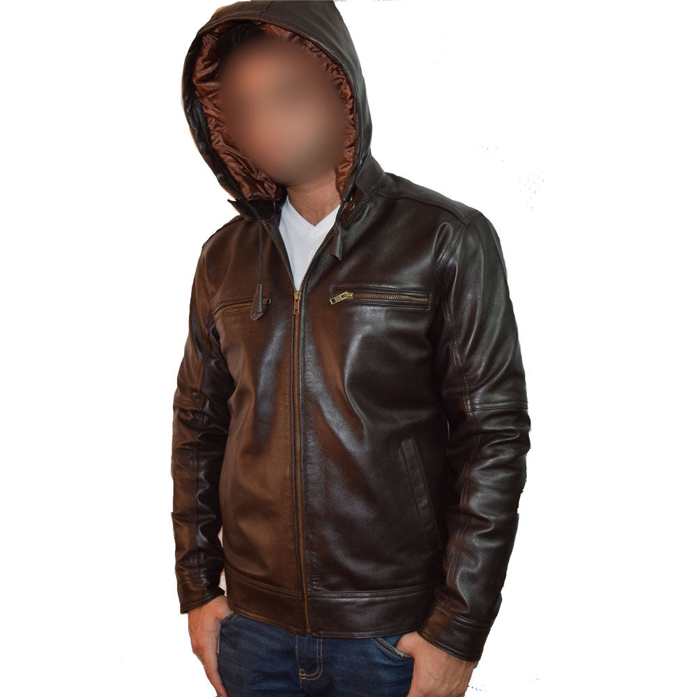 Plain dark brown leather jacket with hoodie men jacket Lusso Leather