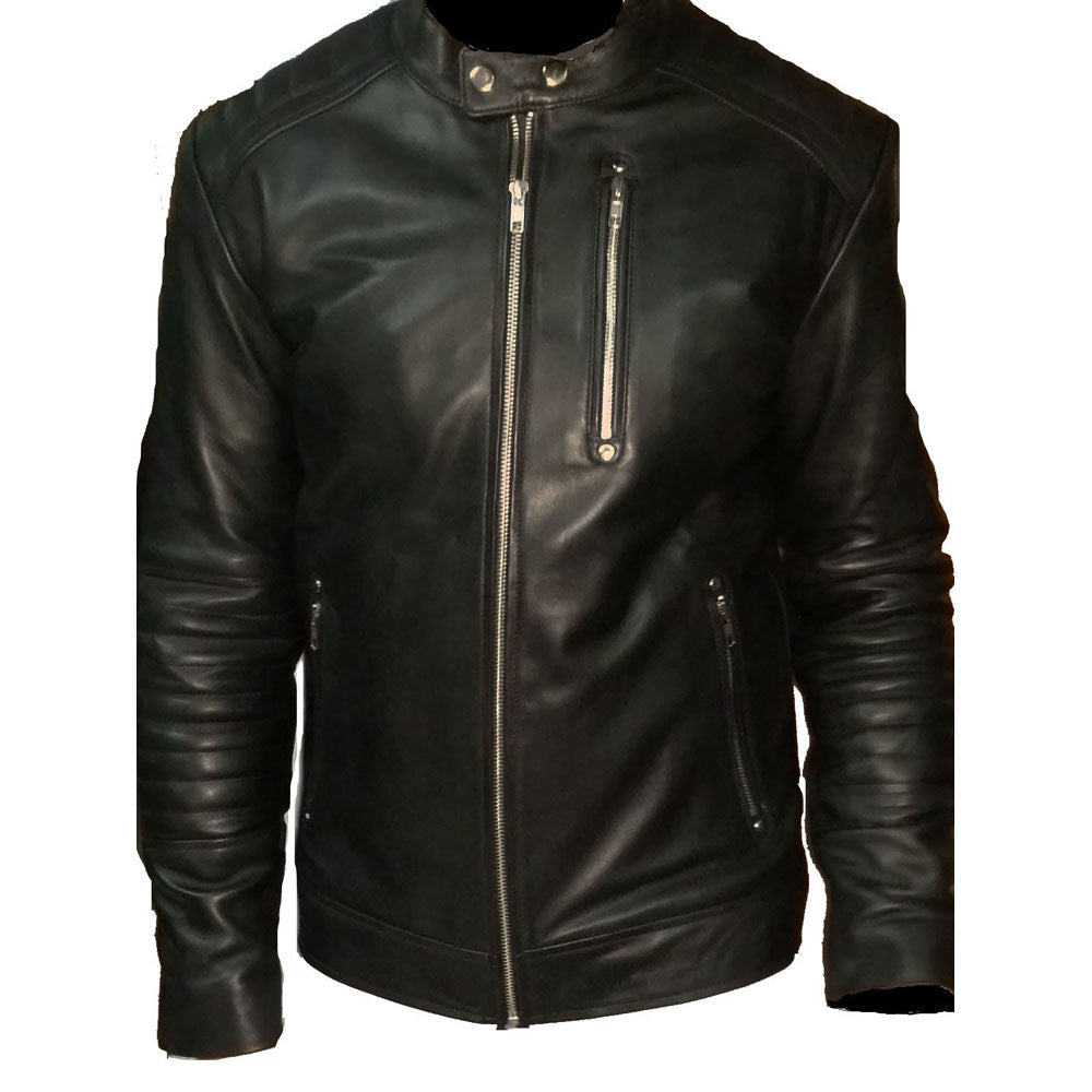 Black moto style jacket with shoulder and arm patches – Lusso Leather