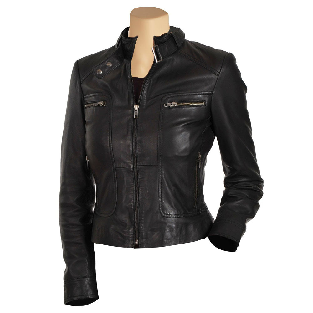 Womens Black Leather Jacket With Collar Belt – Lusso Leather