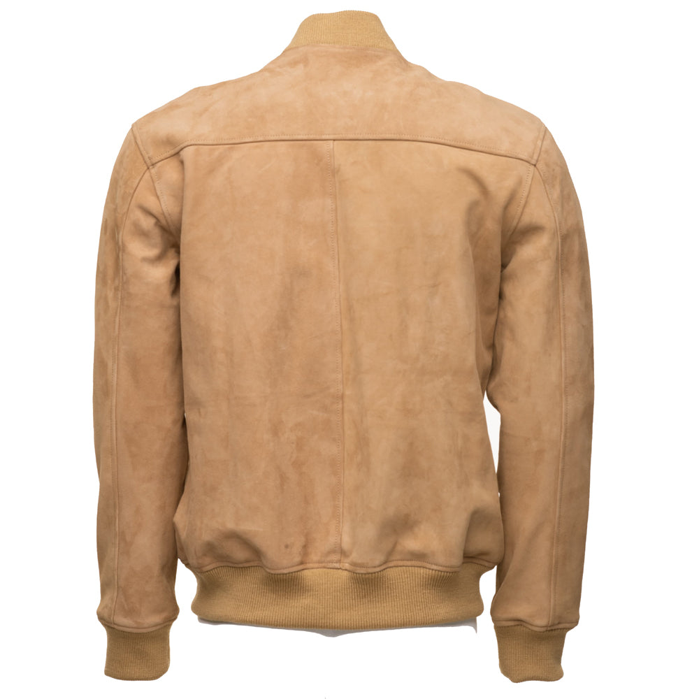 Ribbed Cuffs Tan Brown Bomber Leather Jacket for Men