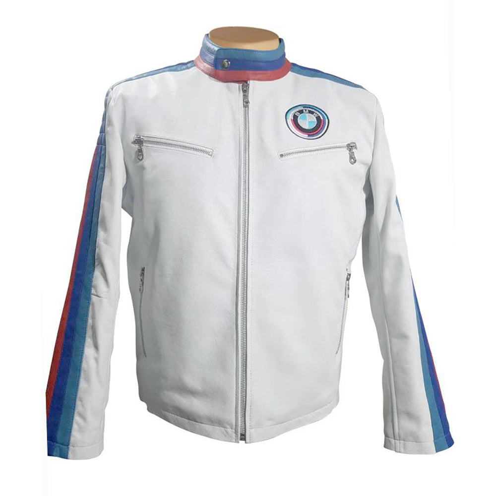 Front view of the BMW white leather motorcycle jacket, featuring a brilliant optic-white finish, the iconic BMW roundel on the chest, and a sleek, tailored fit.